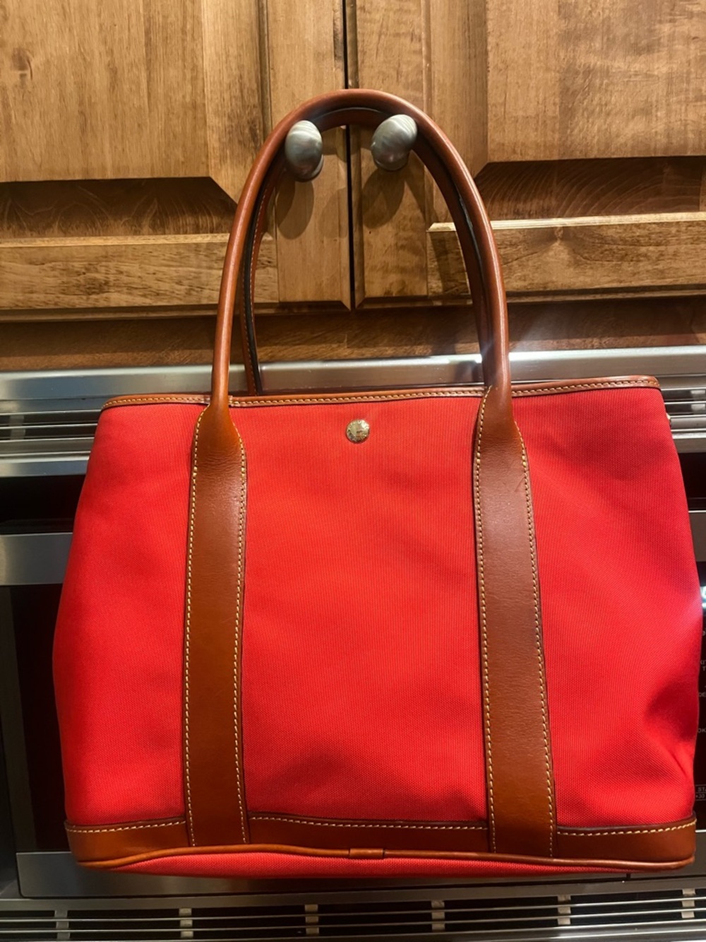 Dooney & Bourke Red Canvas Tote with Tan Leather Trim